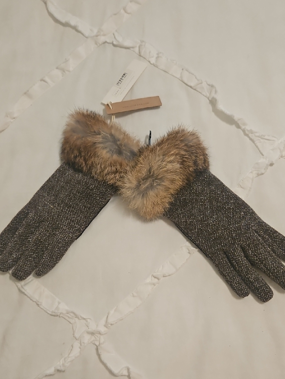 Women's XS Faux Fur Trim Tweed Gloves - Brown